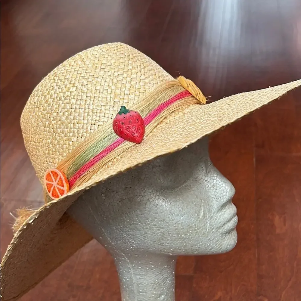 Woven Straw Hat with Fruit Details, Wide Brim Perfect for a Hot Day at the Beach